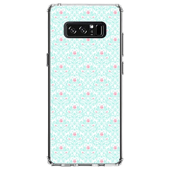 DistinctInk Clear Shockproof Hybrid Case for Samsung Galaxy Note 8 - TPU Bumper, Acrylic Back, Tempered Glass Screen Protector - Teal & Pink Rose Pattern