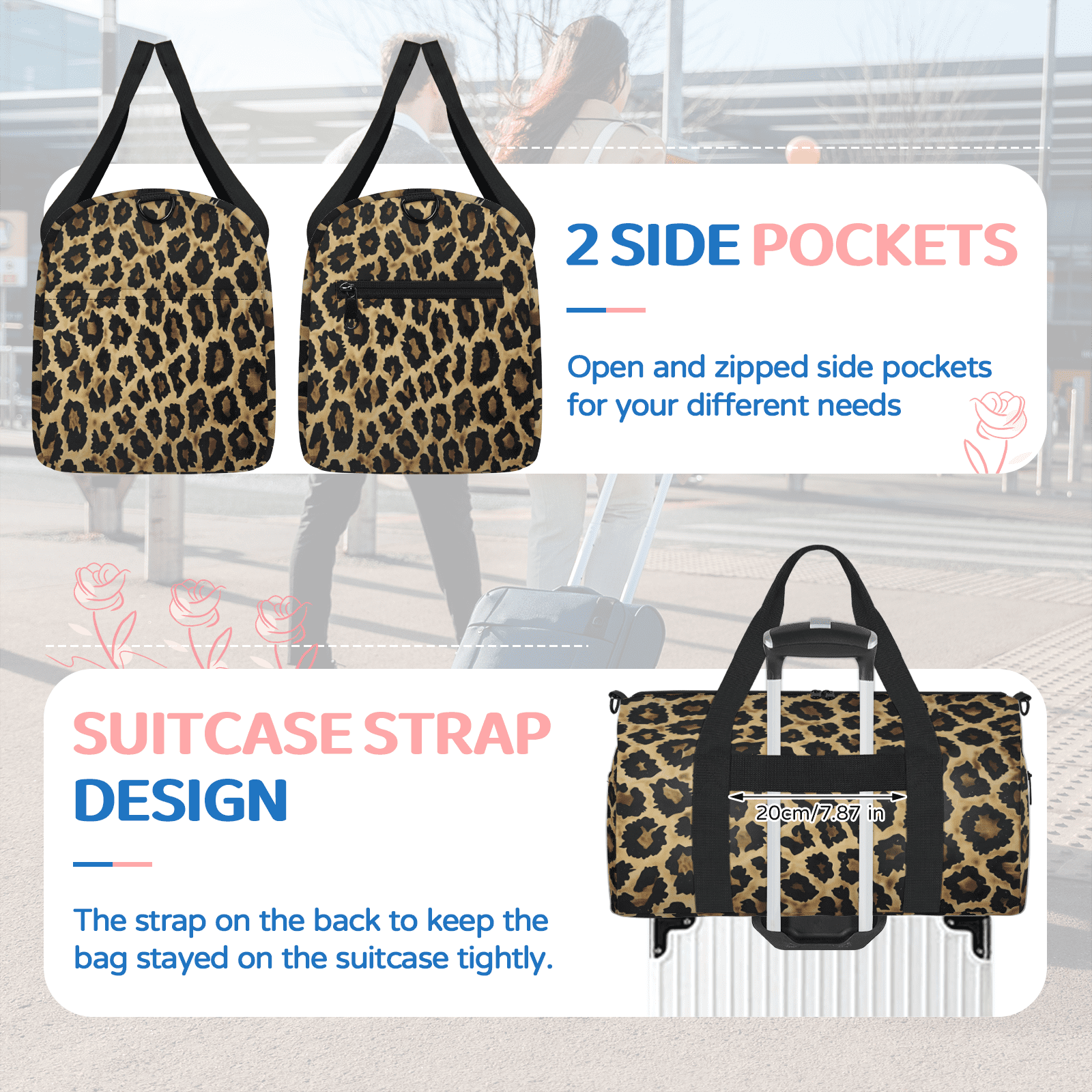 Herdesigns Leopard Print Wild Safari Skin Gym Bag for Women, Duffle Bag for Travel Sport, Lightweight Waterproof Carry on Weekender Overnight Dance Yoga Workout Bags