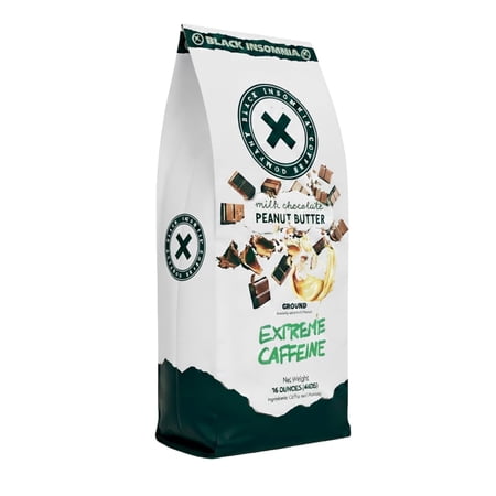 Black Insomnia Extreme Caffeine Coffee – Milk Chocolate Peanut Butter Flavor – World’s Strongest Ground Coffee – Classic Roast, Highly Caffeinated, 1lb Bag