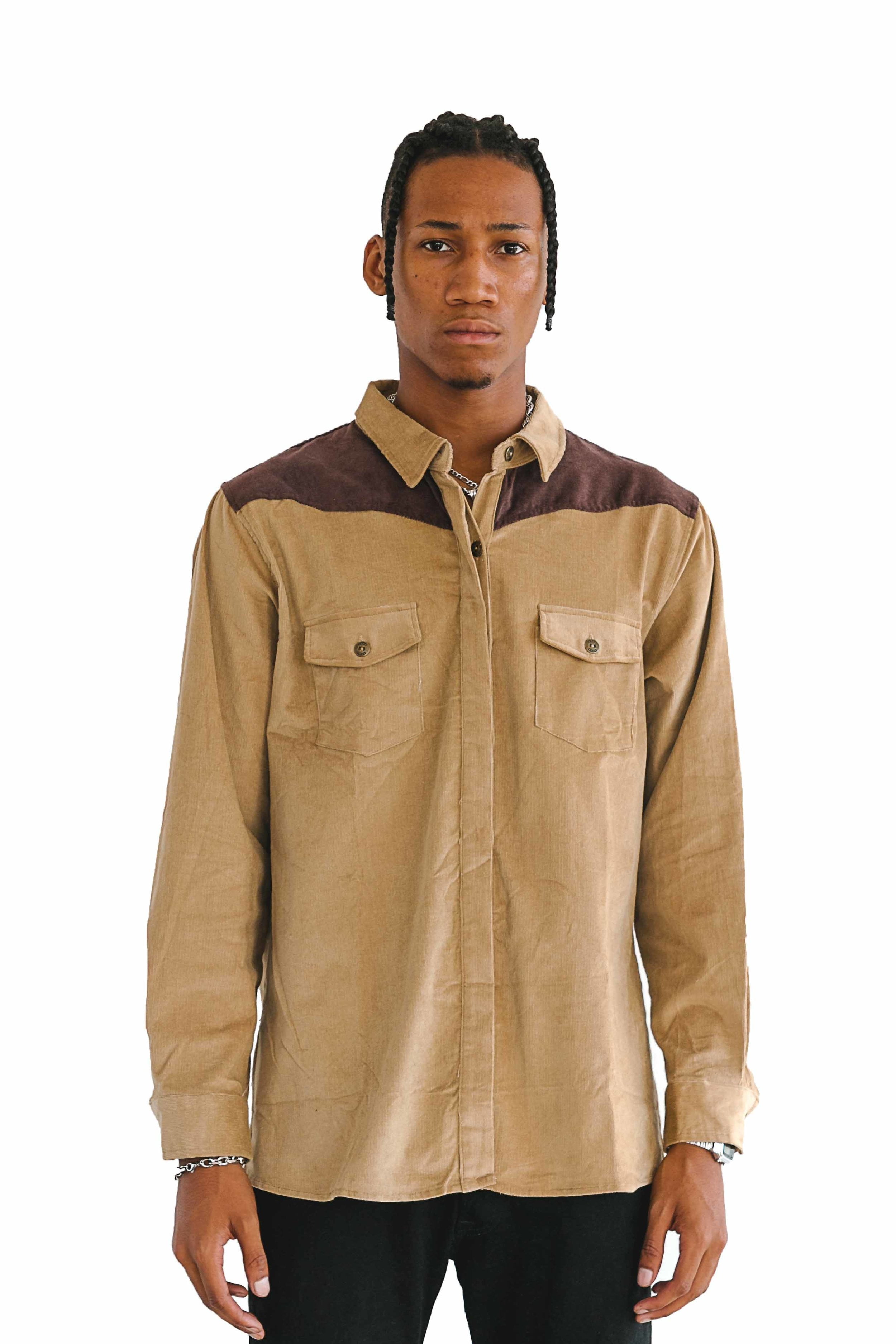 Ultrvlt Men's Western Cut Curdroy Utility Shirt in Beige Shirt Long