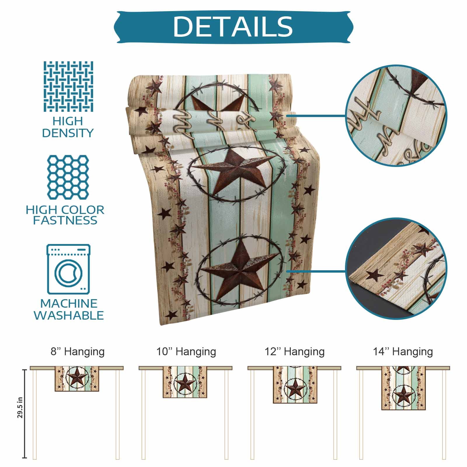 nqOlkjepod Western Texas Star Green Table Runner 72 Inches Long Farmhouse Dress Scarves, Farmhouse Brown Country Vintage Dining Tablerunner for Coffee Table/Kitchen Island/Party Décor, 13" x 72"