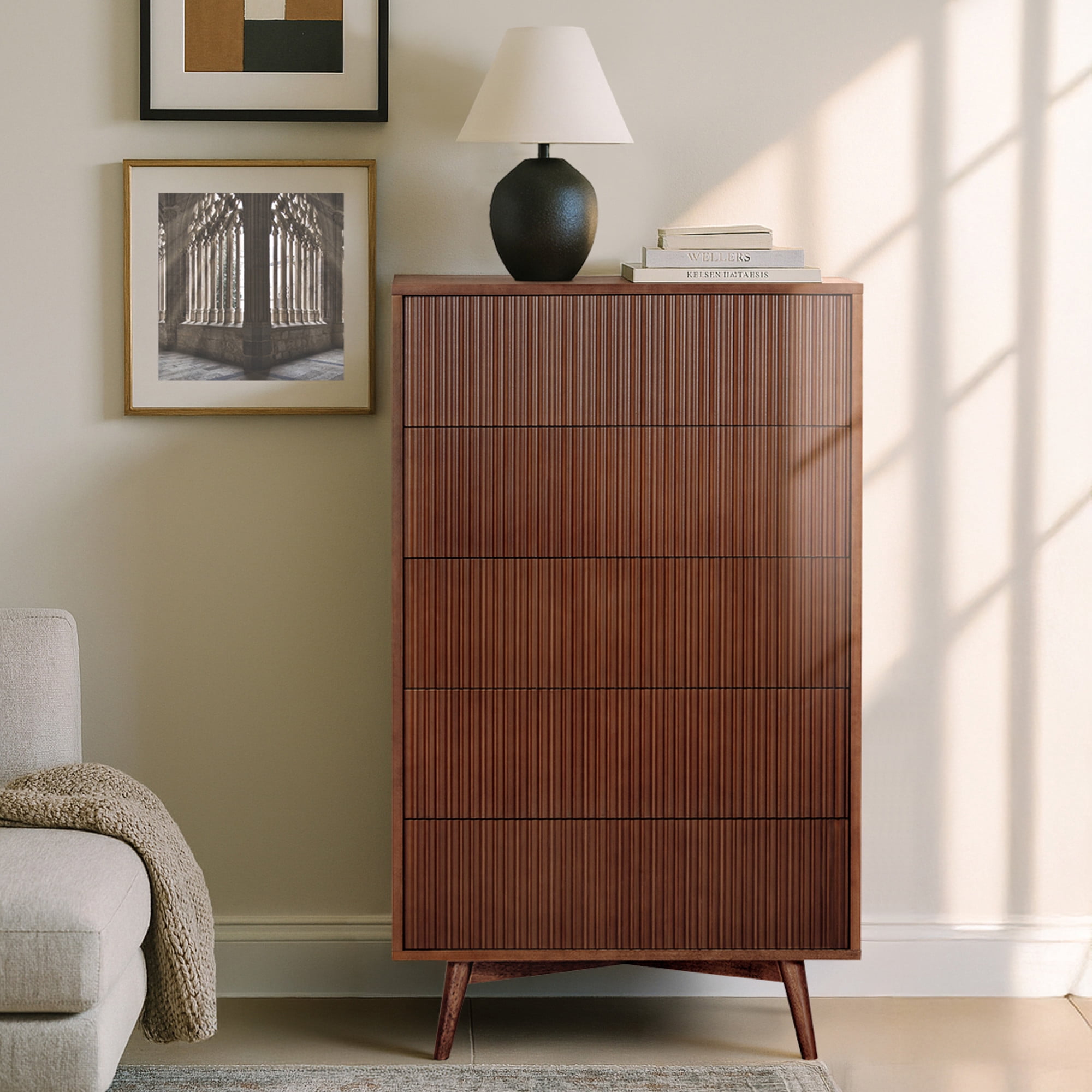Tremolo 5-Drawer Dresser, Walnut – Teamson Home: Push-Open Chest of Drawers with Natural Acacia Fluted Fronts for Modern Bedrooms & Closet Storage