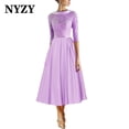 thumbnail image 5 of NYZY M345 elegante satén escote tazón hasta el té vestidos de noche color champán 2025 vestidos de fiesta de boda de cumpleaños, 5 of 5