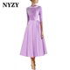 thumbnail image 5 of NYZY M345 elegante satén escote tazón hasta el té vestidos de noche color champán 2025 vestidos de fiesta de boda de cumpleaños, 5 of 5