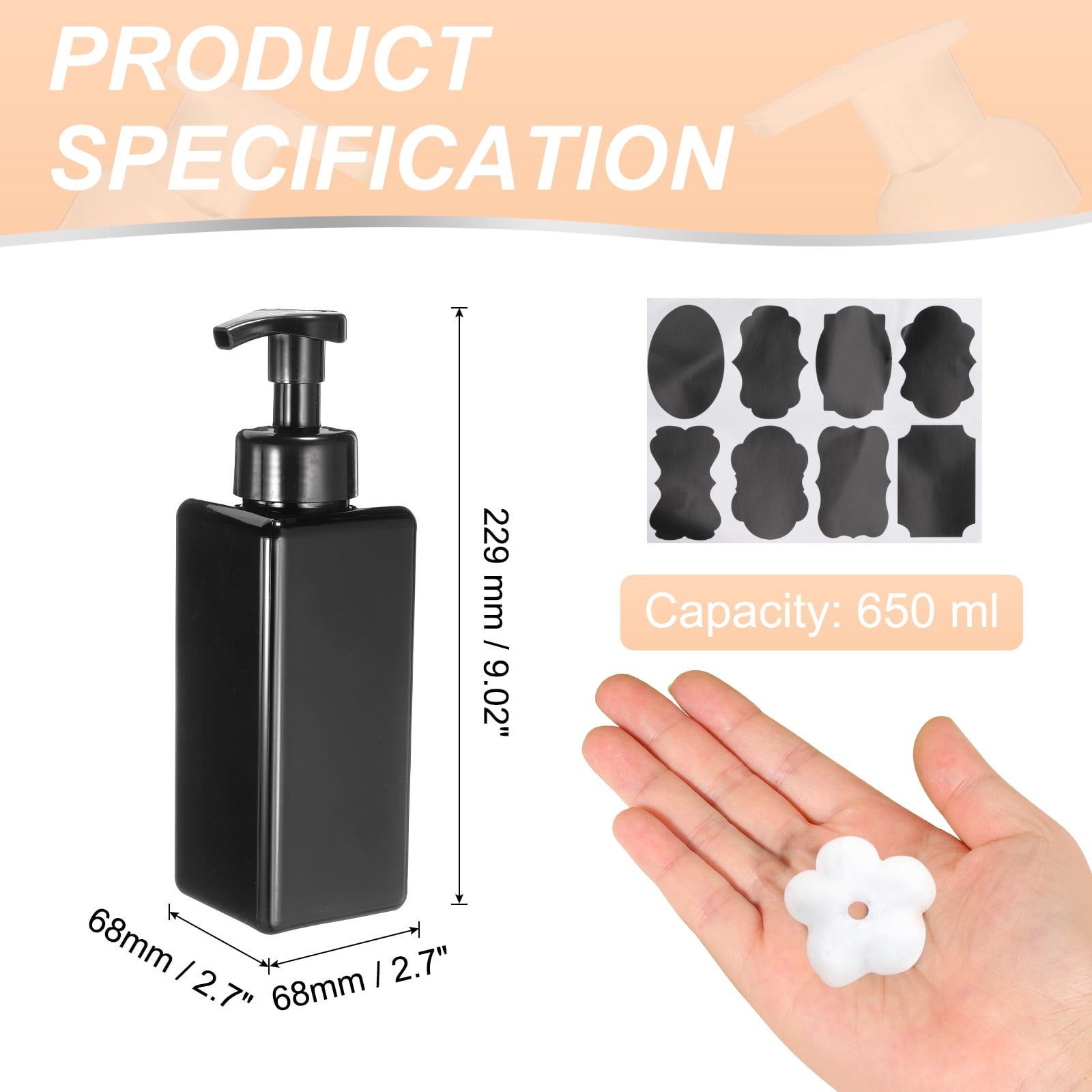 2PCS Square Empty Foam Pump Bottle, 650ml Travel Foam Soap Dispenser with Label for Lash Shampoo(9"Brown)