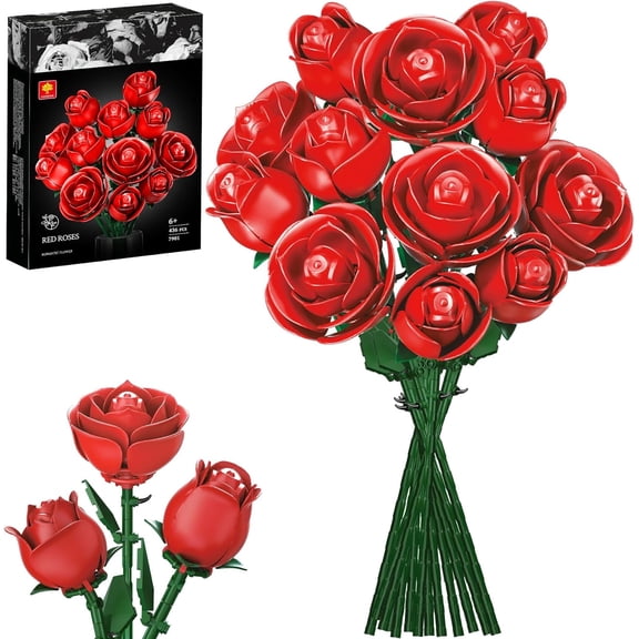 EP EXERCISE N PLAY Rose Flower Bouquet Building Set,Artificial Flowers Block Set Gift for Adult Home Decor (Red)