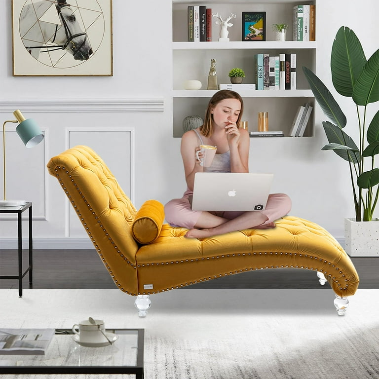 Yellow Velvet Chaise Lounge with Pillow KAMIDA Indoor Chaise Lounge Furniture Modern Lounge Chair with Tufted Button and Acrylic Legs Heavy Duty