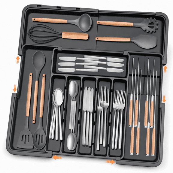 Expandable Silverware Organizer - Large Kitchen Drawer Organizer with 2 Removable Knife Blocks, Adjustable 22" x 19" Cutlery Tray Drawer Dividers for Utensils and Flatware (6-9 Slots, Black)