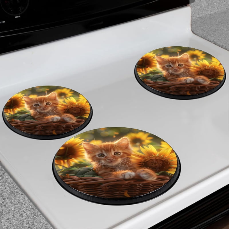 Bahomeck Electric Stove Burner Covers Set Of 4,Cute Ginger Kitten Sits In Basket Among SunflowersMetal Gas Stove Burner Covers,Protecting Gas Stoves,8 Inch And 10 Inch