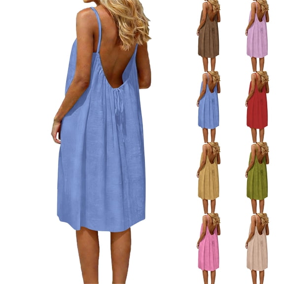 Women Plus Size Dress Fashion Women Summer Round-Neck Casual Solid Sleeveless Sleepshirts Sling Backless Dress Blue Xl