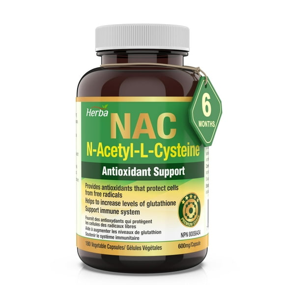 Herba Supplément NAC 600mg – 180 Gélules Végétales N-Acétyl-L-Cystéine Supplément NAC 600 mg pour Améliorer les Niveaux de Glutathion Antioxydant et Soutien du Système Immunitaire Fabriqué au Canada