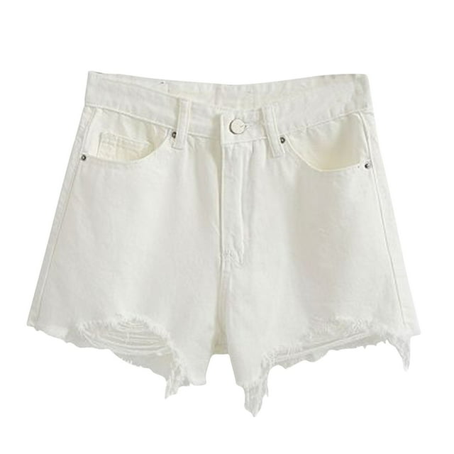 AherBiu Plus Size Jean Shorts for Women Frayed High Waisted Ripped Jeans Tassels A-Line Denim Shorts