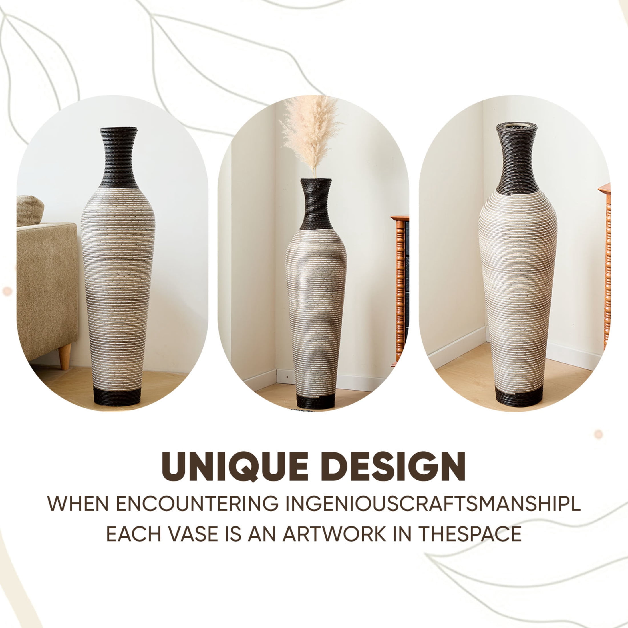 Noble House 39.37" Handmade PVC Floor Vase, Rustic Textured Decorative Vase, Black + Gray