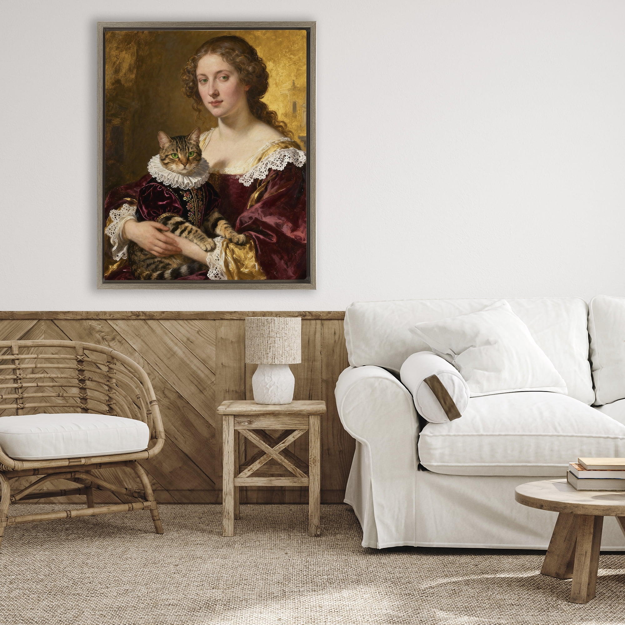 Stupell Industries Renaissance Lady with Regal Cat Brown Framed Floater Canvas Wall Art, design by CAD Designs