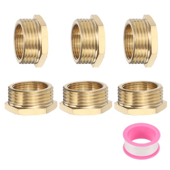 6 Pcs Brass Reducer Hex Bushing G1" Male x G3/4" Female Threaded Reducing Pipe Adapter with PTFE Tape(17mm/0.7" Length)