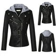 thumbnail image 2 of ShomPort Womens Leather Jacket Long Sleeve Zip up Hooded Jacket Coat Slim Biker Jacket Outerwear, 2 of 7