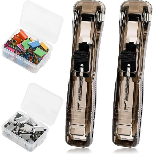 Portable Binder Clip Stapler, Includes 100 Reusable Clips, Handheld Paper Clam Clip Dispenser Large Size, Mini Push Stapler Clamp Staplers for Desktop Document Home School Desk Office(Black*2)