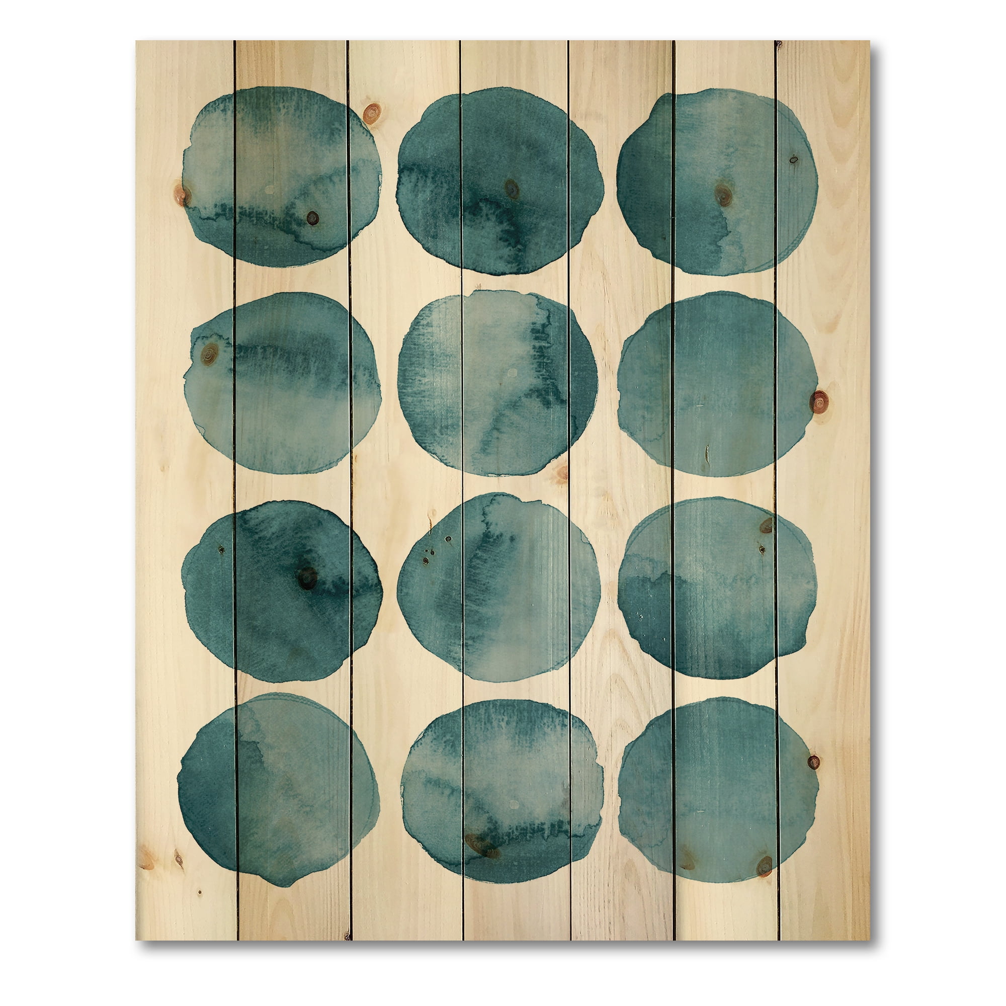 Designart 'Blue Aquamarine Circles Geometric Elements' Modern Print on Natural Pine Wood