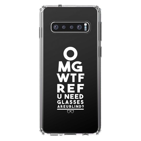 DistinctInk Clear Shockproof Hybrid Case for Samsung Galaxy S10  PLUS (6.4" Screen) - TPU Bumper Acrylic Back Tempered Glass Screen Protector - OMG WTF Ref U Need Glasses