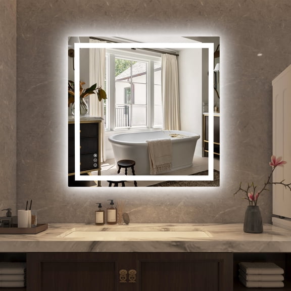SUMERAIN Modern LED Bathroom Mirror for Wall, 36 x 36 Inch Backlit   Front Lit Stepless Dimmable Lighted Vanity Mirror with Anti-Fog, 3 Color Modes, Memory Function & Tempered Glass, Easy to Install