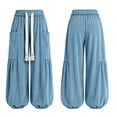 thumbnail image 5 of Evdexr Women's Pants Corduroy Elastic Drawstring Bottoms Bohemian Baggy Wide Leg Fashion Slacks Lounge Comfortable Trousers with Big Pockets Blue 2XL, 5 of 6