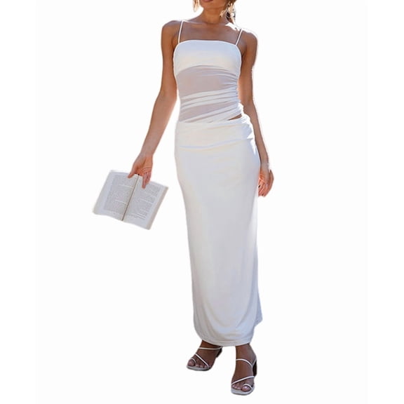 Two Piece for Women - Summer Vacation Outfits Sleeveless Asymmetrical Mesh Tank Crop Top Maxi Long Skirts White S