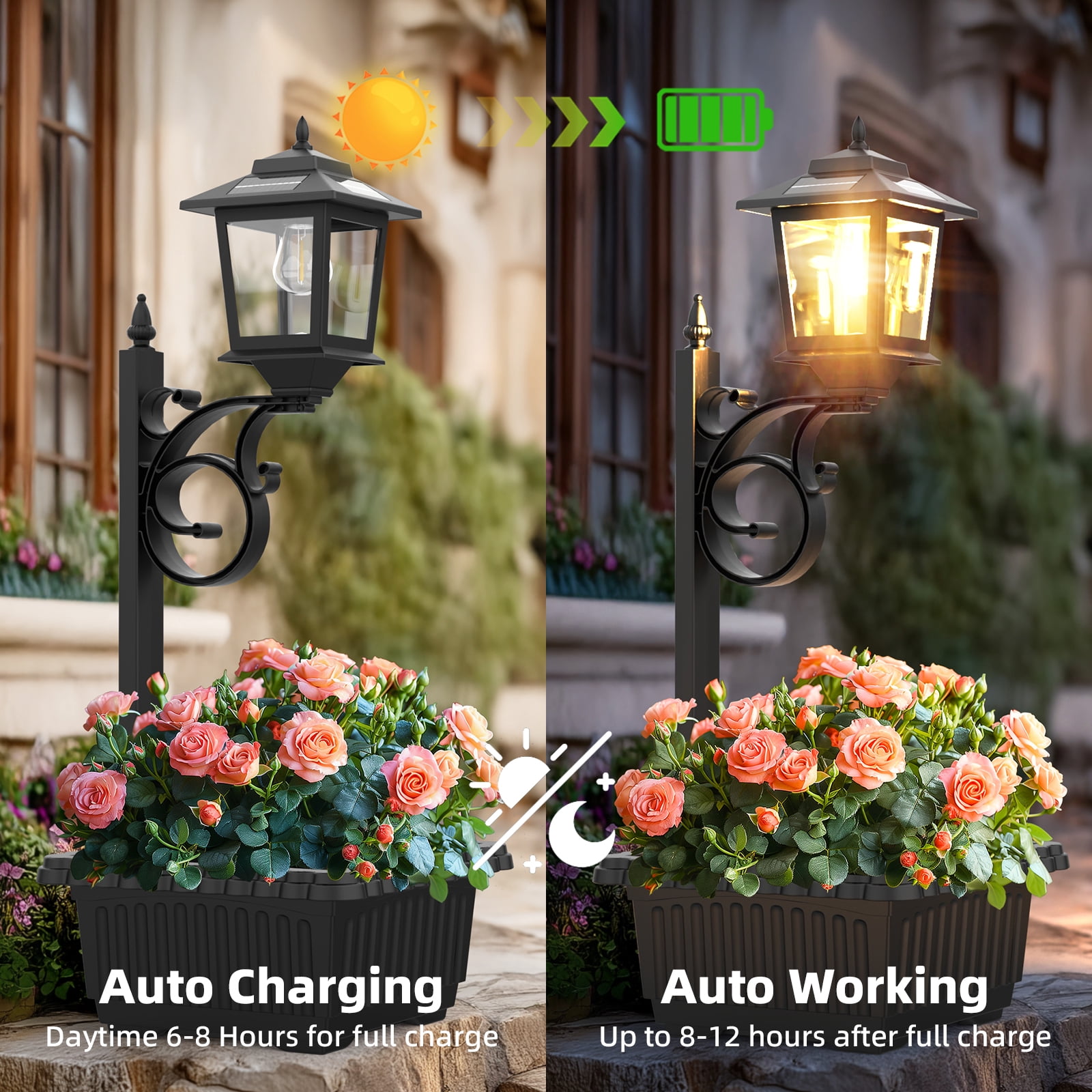 2 in 1 Solar Lamp Post Light with Planter, Waterproof Solar Planter Lights - Wall Mount or Freestanding, Decorative Outdoor Planters for Garden Patio, Front Porch