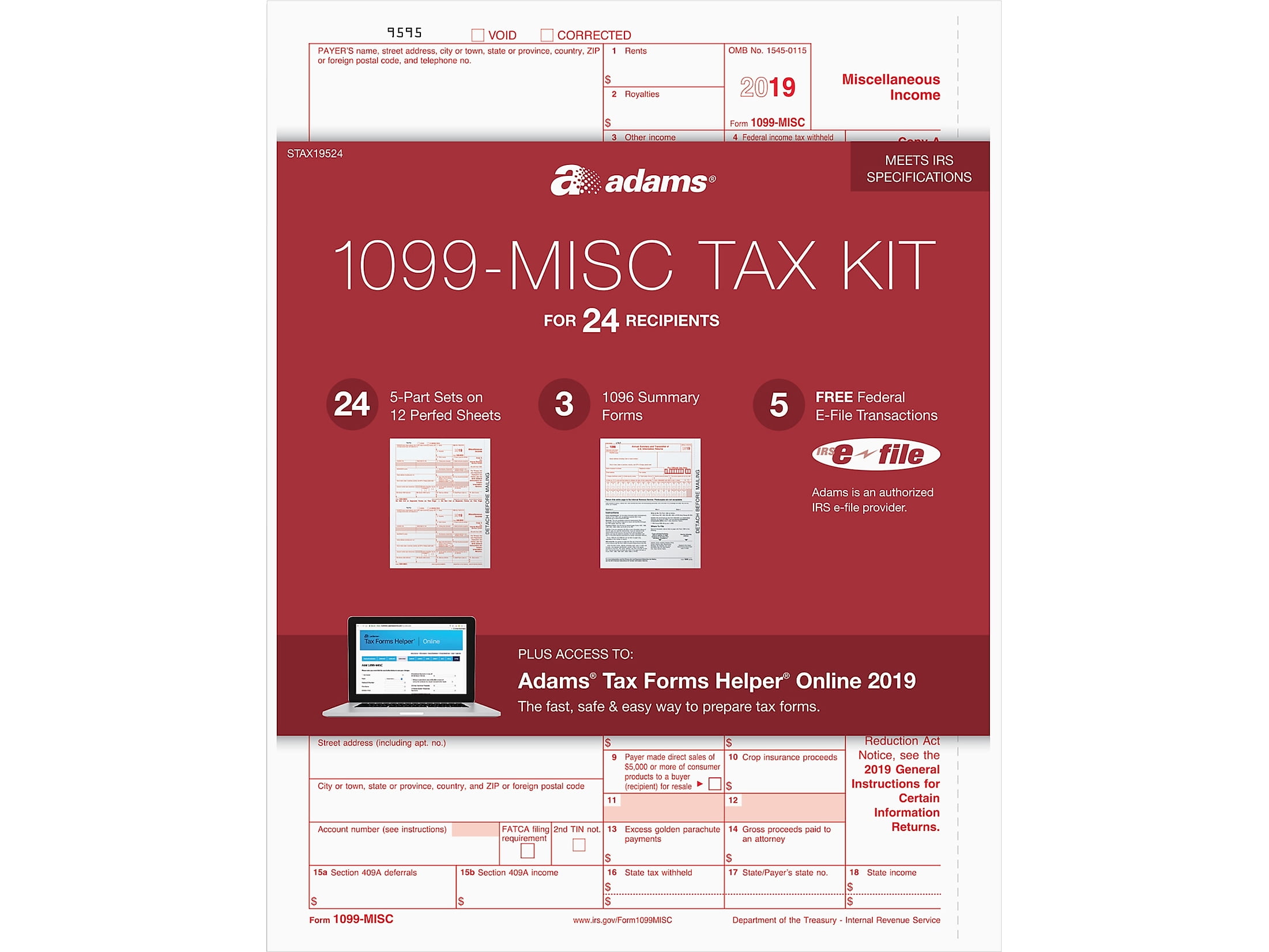 Adams 2019 1099-MISC Kit Laser Tax Forms STAX19512 