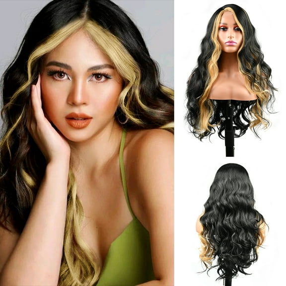 WINSKY Glueless Wigs for Black Women Heat Friendly Synthetic Lace Front Wig 26”Long Black Curly Wig With Blonde Streaks Highlight Body Wave Wig