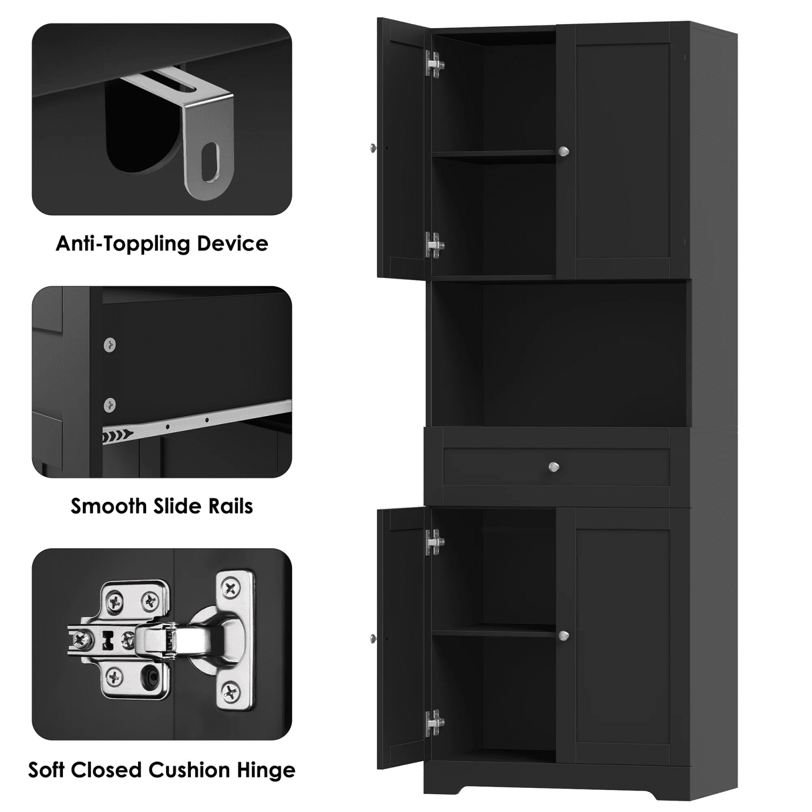 Homfa 67.5" Tall Farmhouse Bathroom Storage Cabiet with Drawer, 4 Door Modern Freestanding Storage Cabinet Cupboard, Black