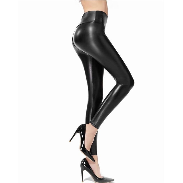 Leggings Ginasy negros de cuero sintético de tiro alto y elasticidad