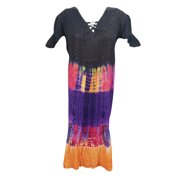 Mogul Women's Tie Dye Cap Sleeve Embroidered Rayon V-Neckline Beach Cover Up Dress