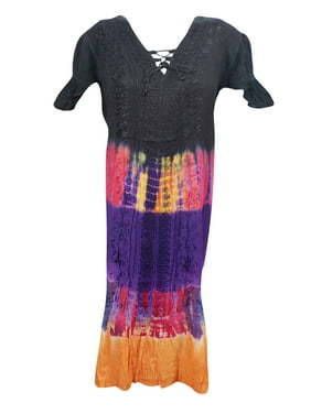 Mogul Women's Tie Dye Cap Sleeve Embroidered Rayon V-Neckline Beach Cover Up Dress
