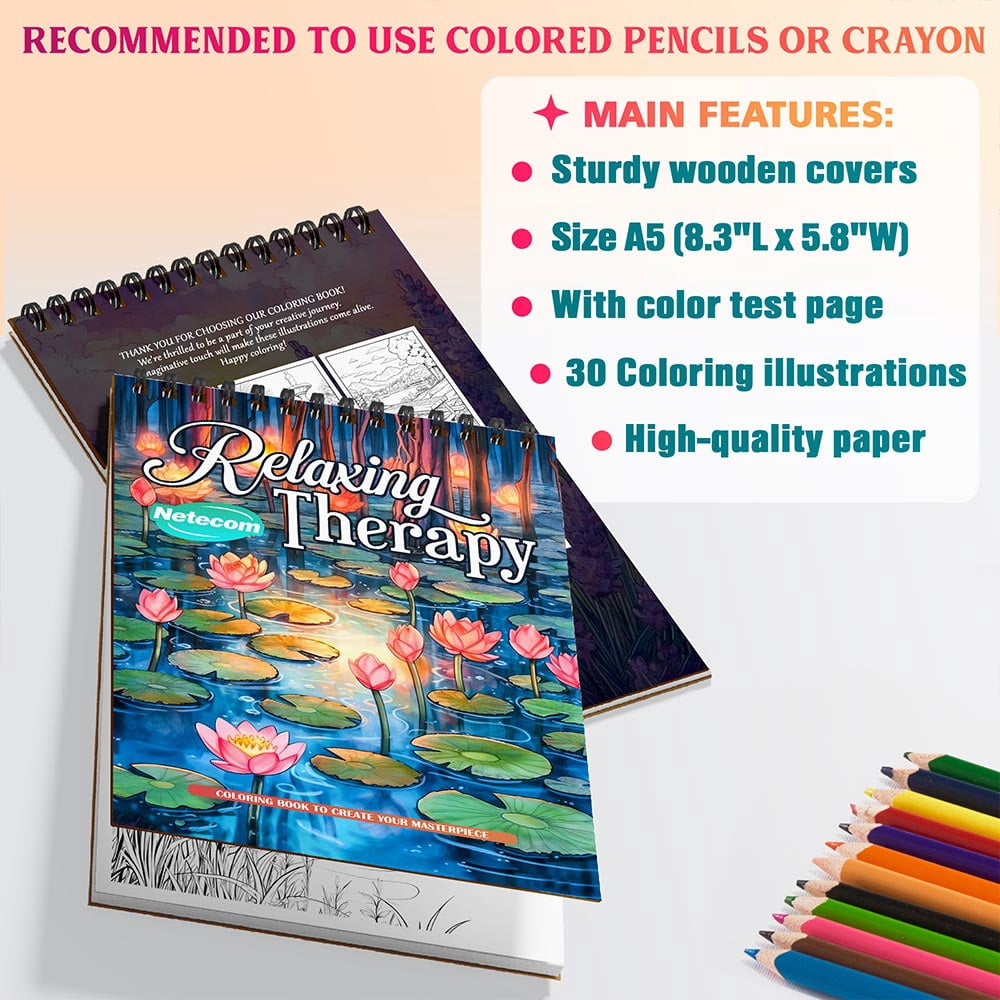 Netecom Relaxing Therapy Coloring Book Spiral Bound for Adults, A5 Wooden Cover, 30 Relaxing Coloring Pages of Mindful Scenes for Anxiety Relief and Anti-Stress