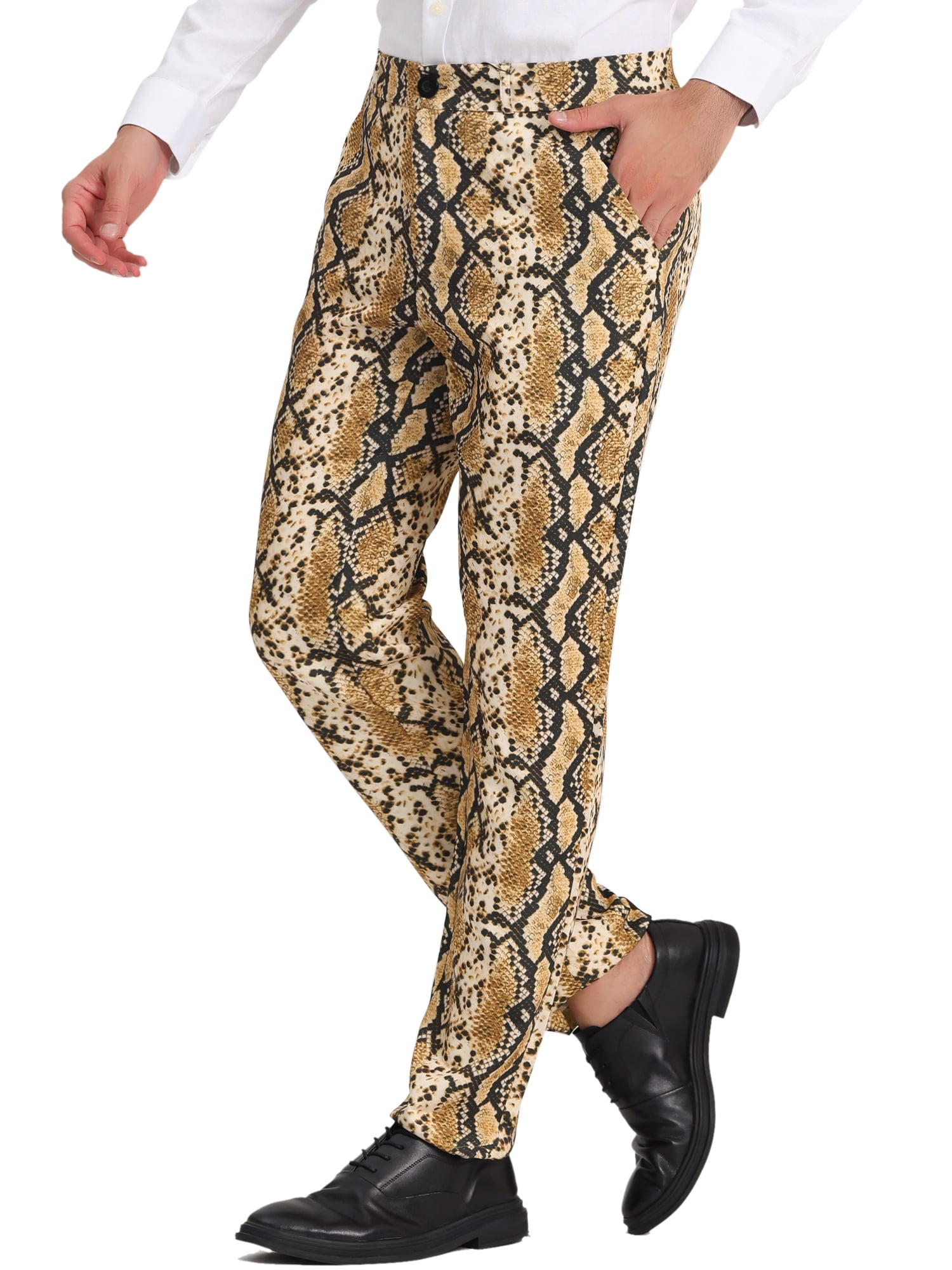 Unique Bargains Men's Animal Printed Flat Front Zipper Closure Party Prom Dress Pants 28 Snake Print