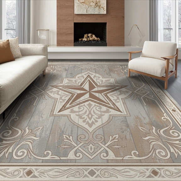 ODIKA 8'x10' Washable Area Rug Plank Inspired Vintage Border Southwestern Door Farmhouse Lone Playful for Living Room, Under Sectional, Family , Durable, Non-Slip