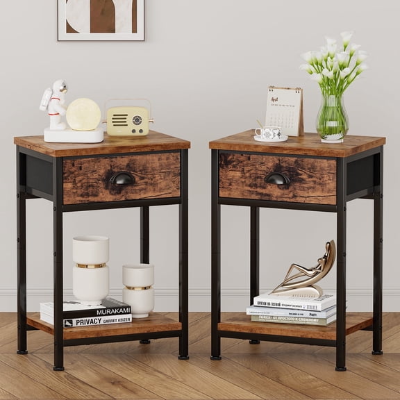 Satifur Set of 2 Nightstand for Bedroom,3-Tier End Table with Drawer,Rustic Brown