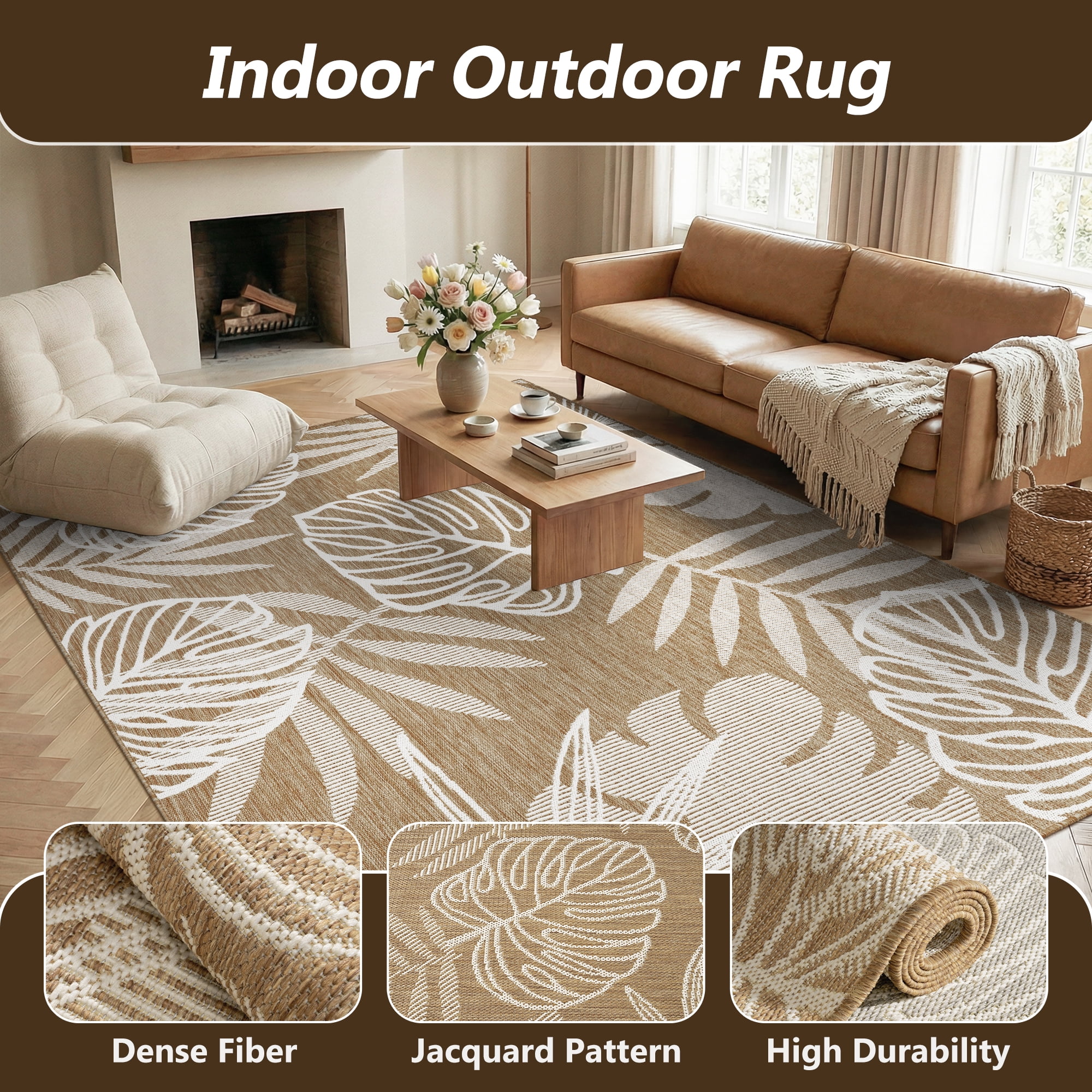 SIXHOME Outdoor Rugs 9'x12' Patio Rug Tropical Indoor Outdoor Rugs Polypropylene Washable Non Shedding, Easy Clean, Waterproof, Durable Outdoor Carpet for Porch Balcony Deck Neutral Brown