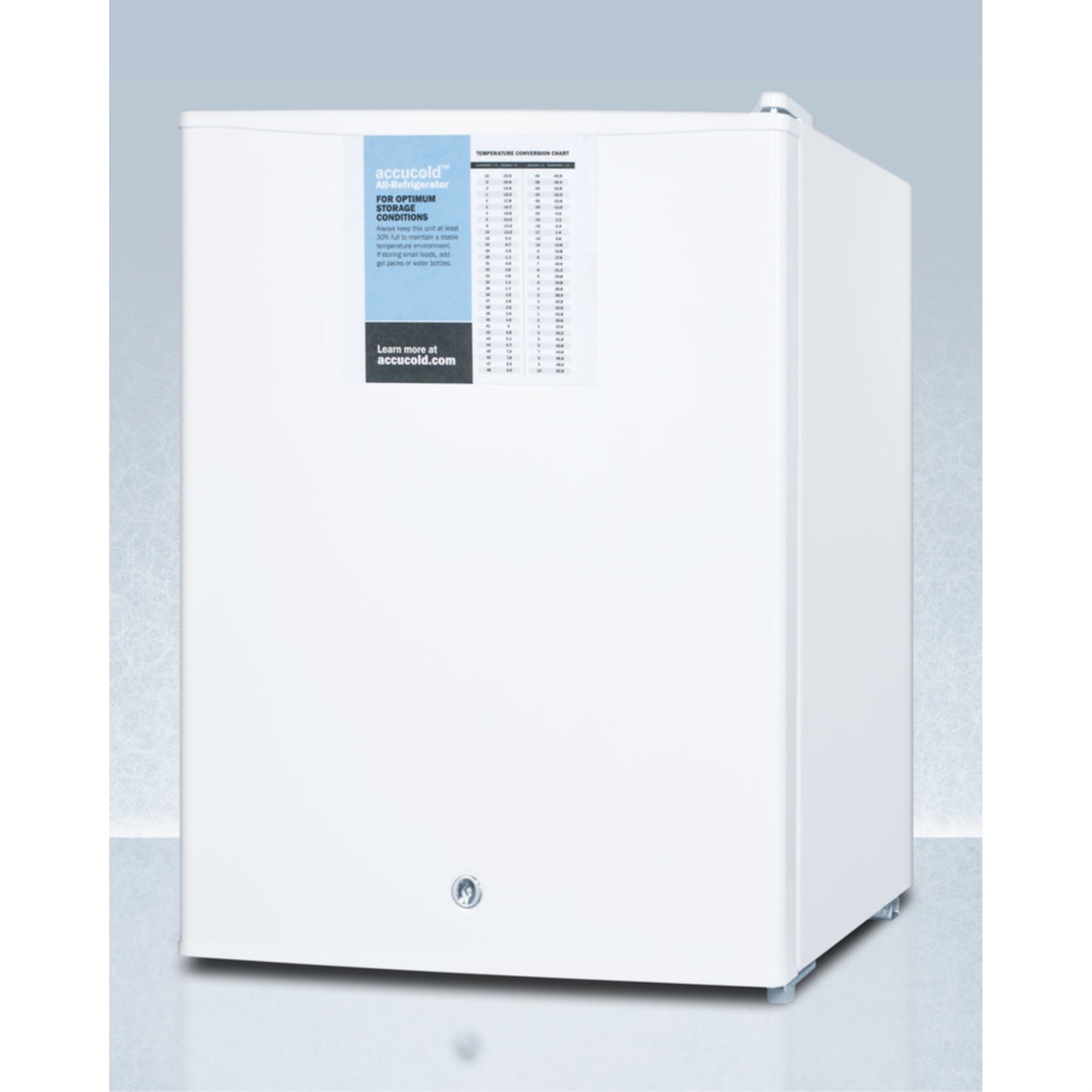 Compact auto defrost all-refrigerator with digital thermostat, internal fan, front lock, and probe hole for user-installed monitoring equipment