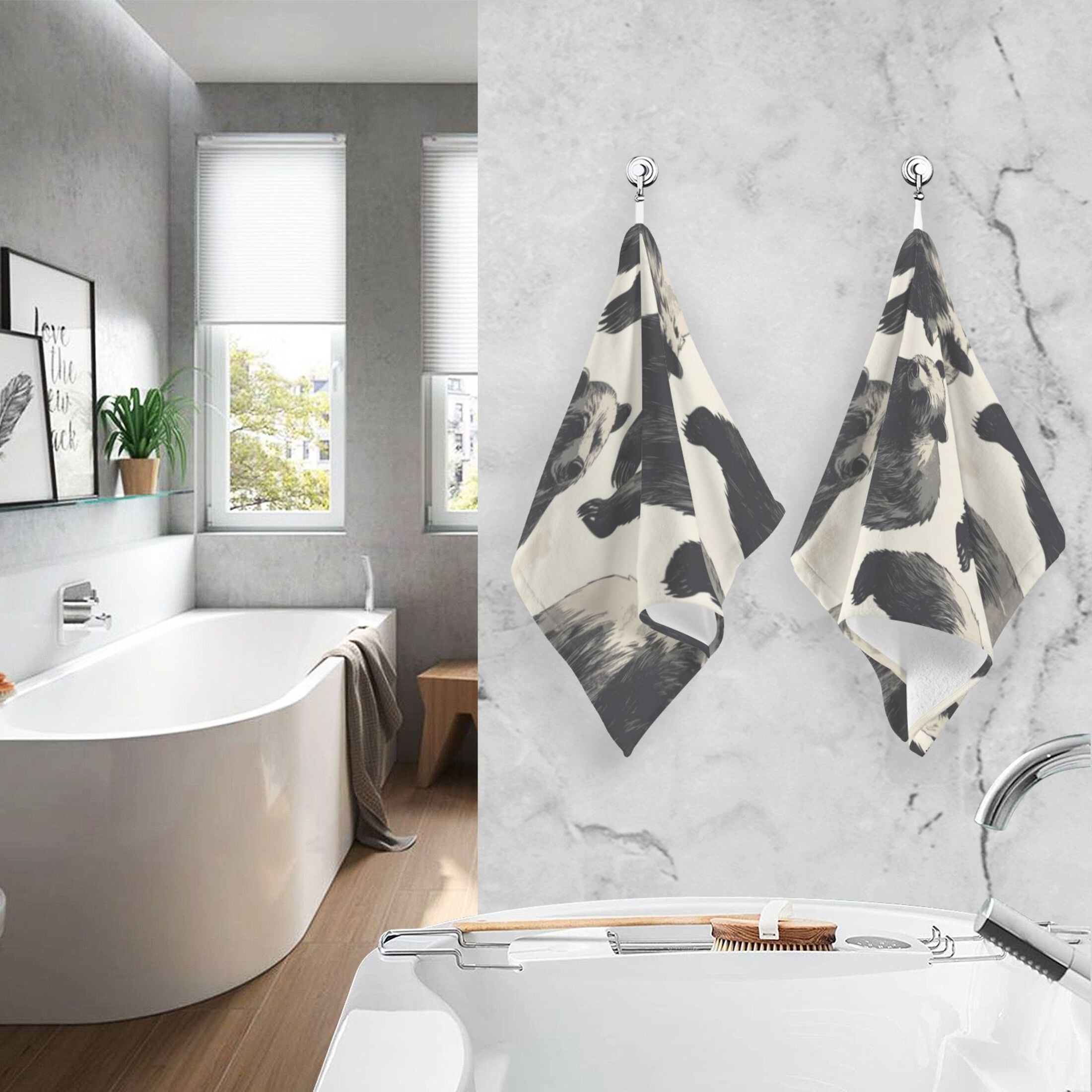 Cotton Towel Two-Piece 16x28 Inch One Sizex2 Face Towel Set Towel Set Cotton Hand Bath Towel Bathroom Beach Black Bear Seamless