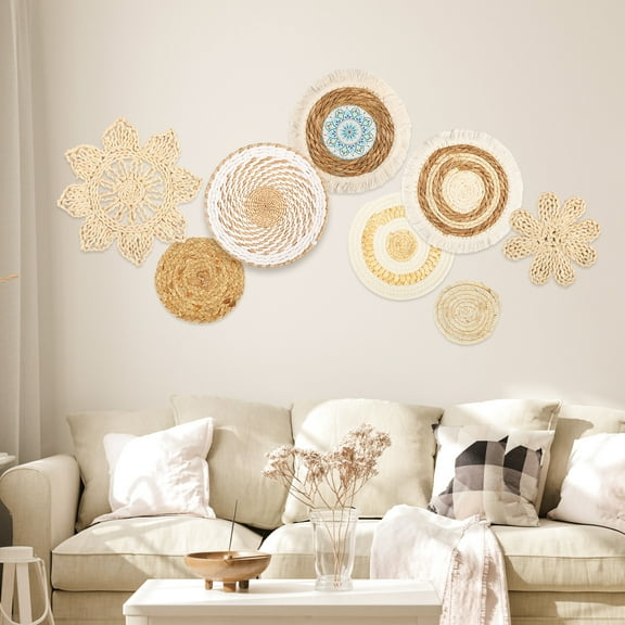 8Pcs Wall Basket Décor Set Round Wall Hanging Woven Basket Rustic Woven Basket Wall Decoration Handcrafted Basket Wall Art Decoration Multi Size for Bedroom Wedding Living Room