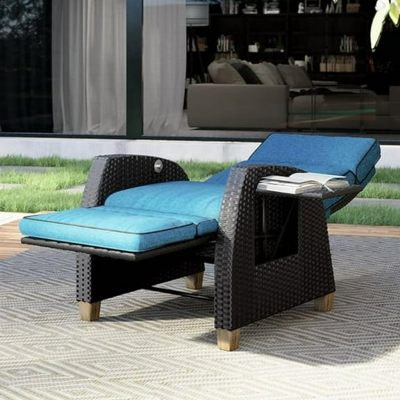Grand Patio Indoor & Outdoor Recliner Chair PE Wicker Patio 150° Lay Flat Recliner, Peacock Blue