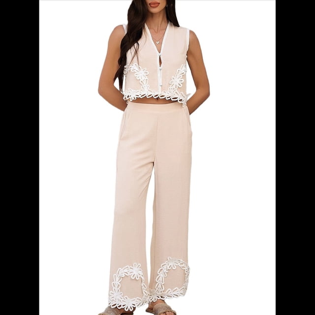 Conjunto de 2 Piezas para Mujer para Vacaciones: Camiseta Sin Mangas Estilo Bohemio y Pantalón , Conjunto Informal de Verano. Albaricoque XL