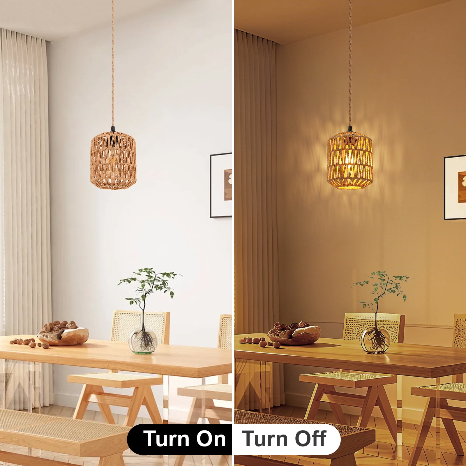 FRIDEKO 6" Bohemia Plug in Pendant Light Fixture, Woven String Hanging Light with 15ft Hemp Rope On/Off Switch, E26 Farmhouse Pendant Light for Living Room (Without Bulb)