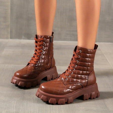 

VKEKIEO Mid Calf Boots For Women Round Toe High Heel Booties Lace Lace-Up Coffee Winter Boots