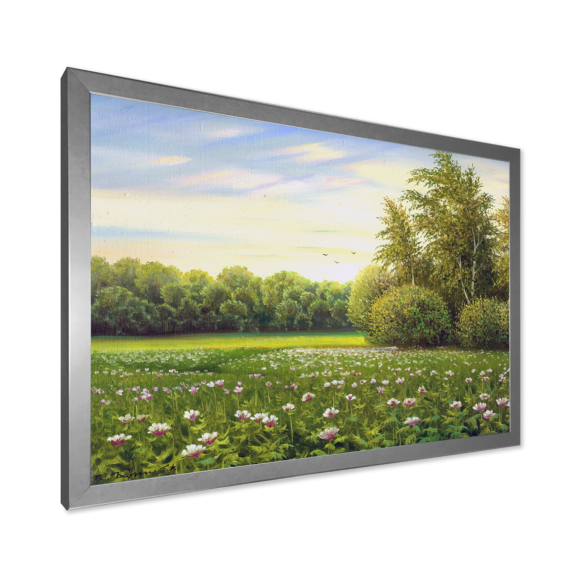 Spring Trees By The Flowers and Meadows 20 in x 12 in Framed Painting Canvas Art Print, by Designart