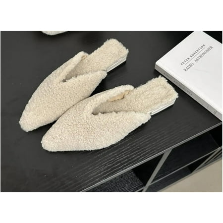 

Baotou plush slippers for women wearing flat bottomed Baotou single shoes for women wearing plush shoes (WHITE 39)