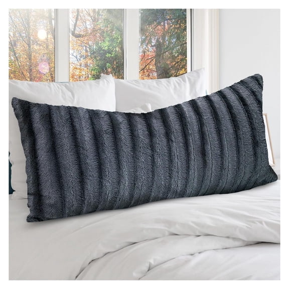 Faux Fur Long Body Pillow - Accent Throw Pillow for Bed and Couch - Decorative Lumbar Pillow with Insert, Gray (18" x 40") Grey