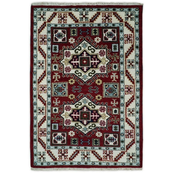4x6 Hand Knotted traditional Kazak Rust and Ivory Traditional Tribal Armenian Rug | KZA10