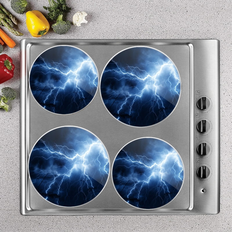 BaHomeck Electric Stove Burner Covers Set of 4,Round Metal Gas Stove Burner Covers 8 Inch and 10 Inch,Kitchen Decor,Dramatic Night Sky With Dark Clouds And Blue Lightning Bolts